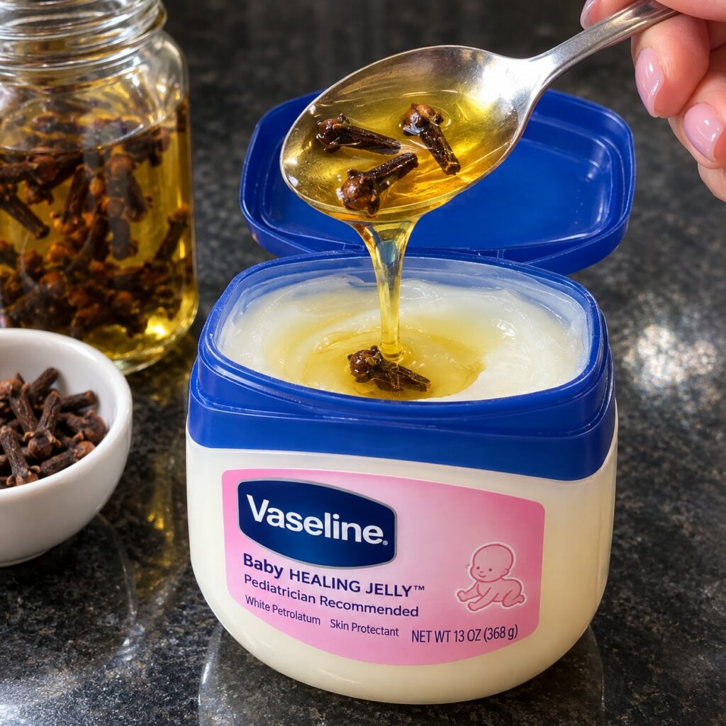 A small glass jar filled with a rich shimmering homemade clove and Vaseline balm Beside it a small pile of ground cloves