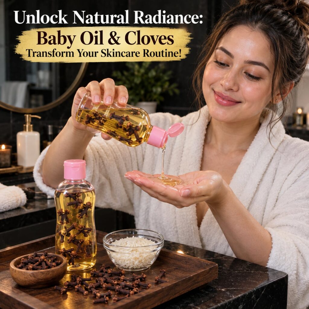A sleek bottle of Johnson s baby oil next to a small pile of whole cloves and a minimalist dark bowl containing a golden