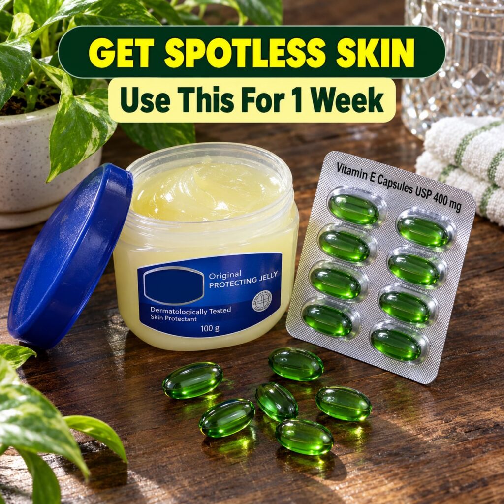 A sleek product shot featuring a jar of protecting jelly and a bottle or capsule of Vitamin E set against a dark glossy