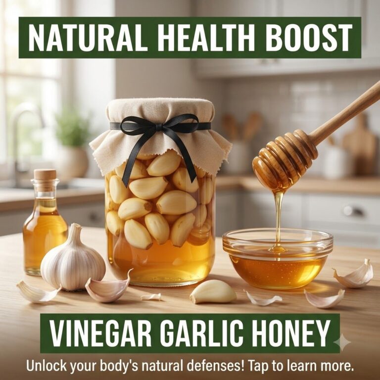 A visual representation of apple cider vinegar fresh garlic cloves and golden honey along with a small bowl containing t