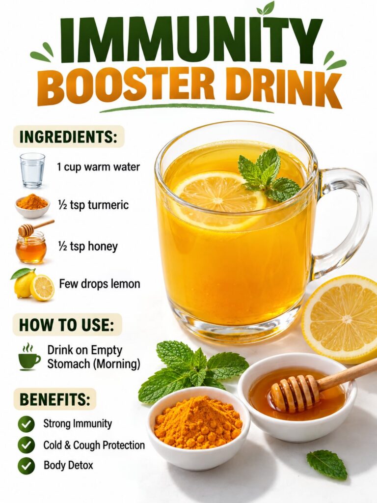 A vibrant yellow immunity booster drink in a glass with slices of lemon a spoon with honey and a piece of turmeric root 