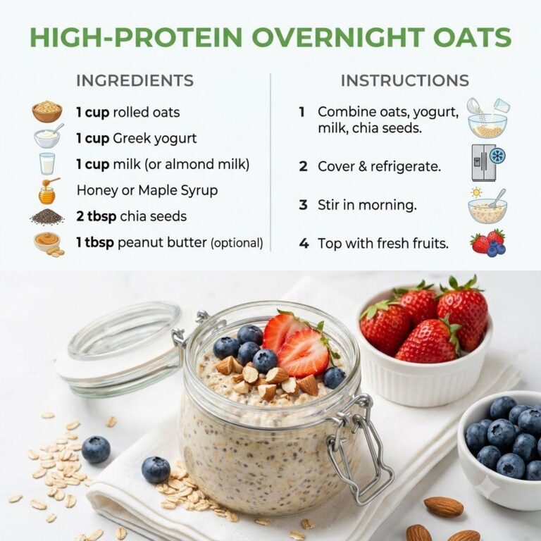 A clear glass jar filled with high-protein overnight oats topped with fresh berries nuts and a drizzle of honey The oats