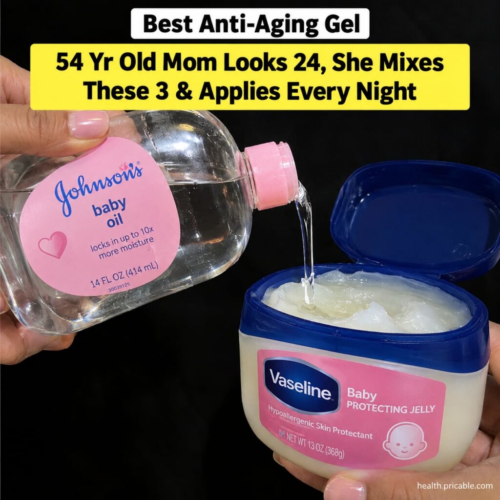 A woman applying a clear slightly glossy gel-like mixture to her face at night with a bottle of baby oil and a tub of pe