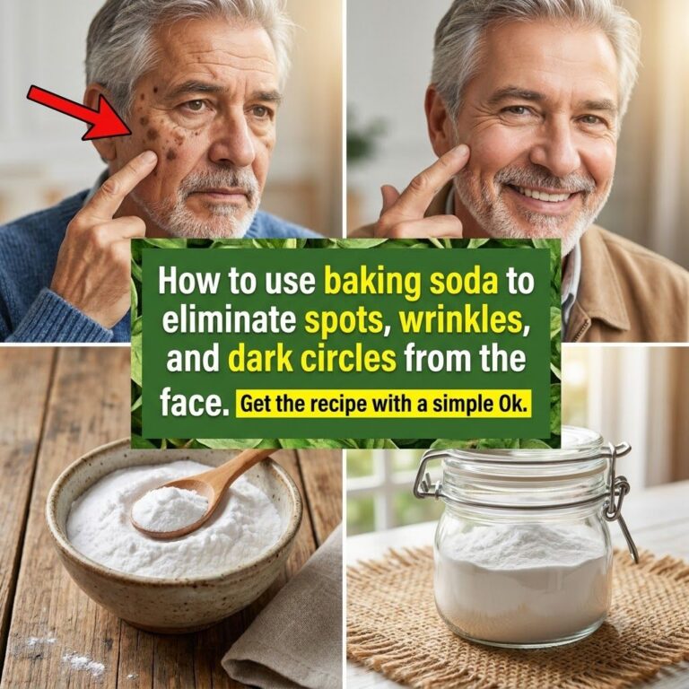 A small white bowl of baking soda with a measuring spoon next to a fresh-faced woman gently dabbing a tiny amount onto h