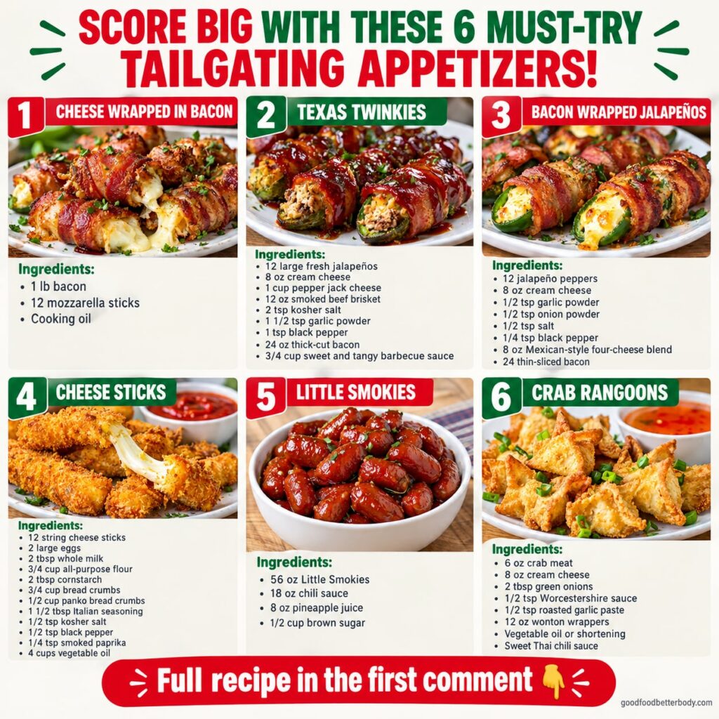 An assortment of six different delicious tailgating appetizers spread out on a table at a game day party It includes spi