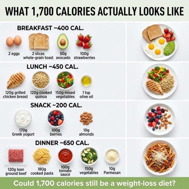 A visual breakdown infographic showing a full day s meal plan totaling 1700 calories with balanced and satisfying meals 