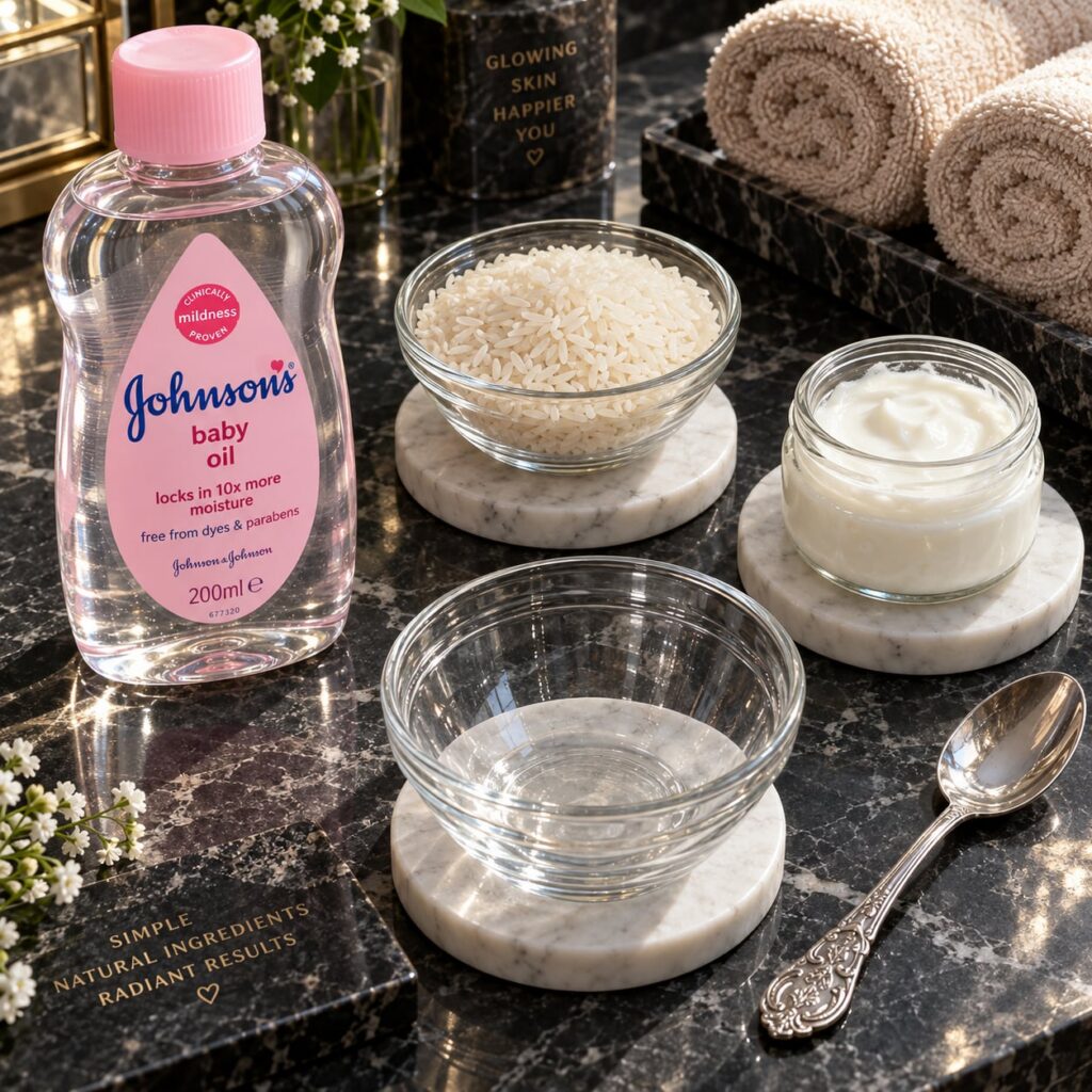 A visually striking high-definition product shot of a Johnson s baby oil bottle and a small bowl of white rice arranged 