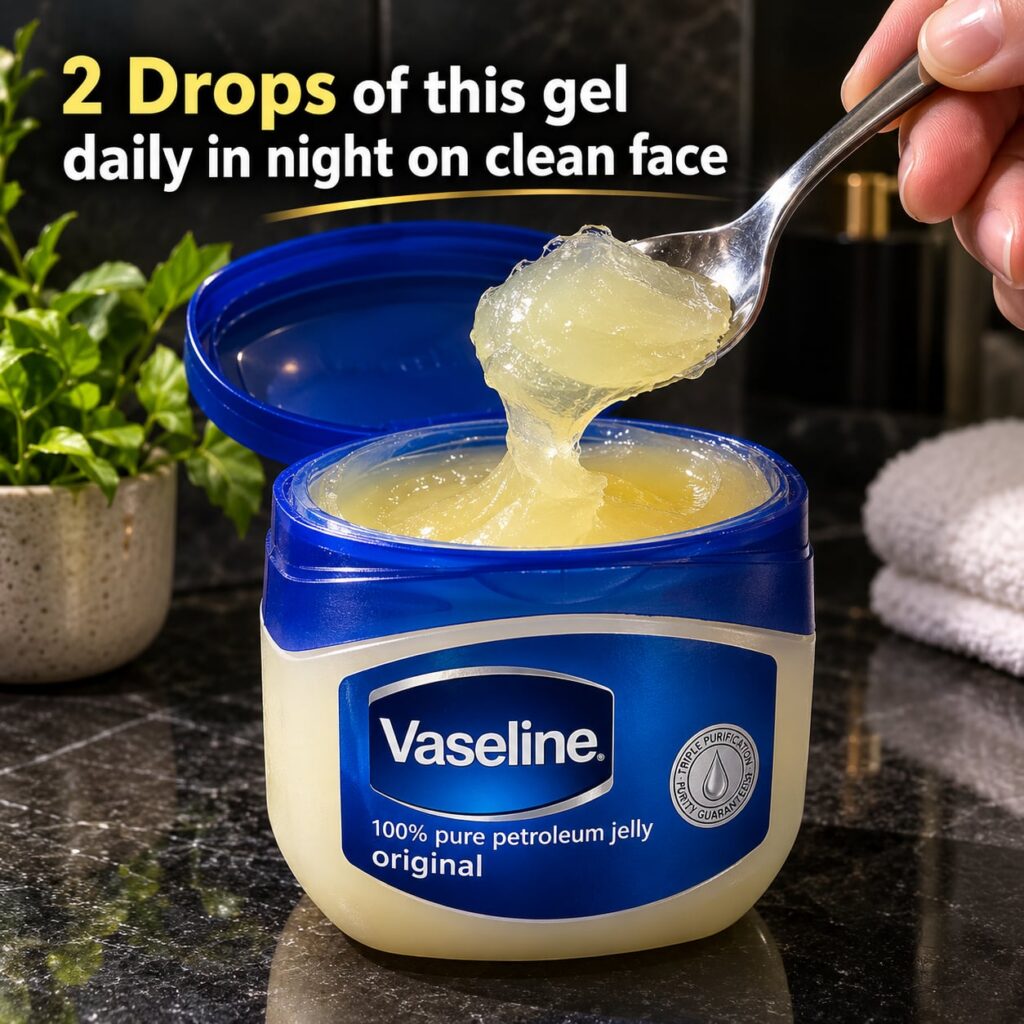 A high-definition glossy close-up shot of a classic blue-and-white Vaseline petroleum jelly jar prominently featuring th