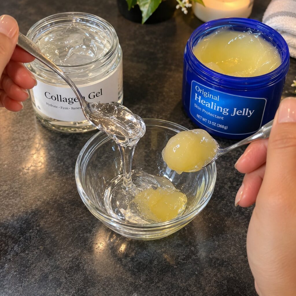 A close-up of a small glass mixing bowl containing a creamy glossy white or translucent mixture Next to it are a tube of
