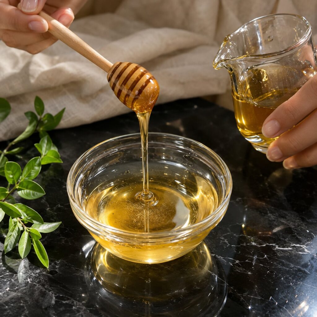 A close-up shot of a small bowl of golden honey with a wooden dipper surrounded by fresh natural ingredients like lemon