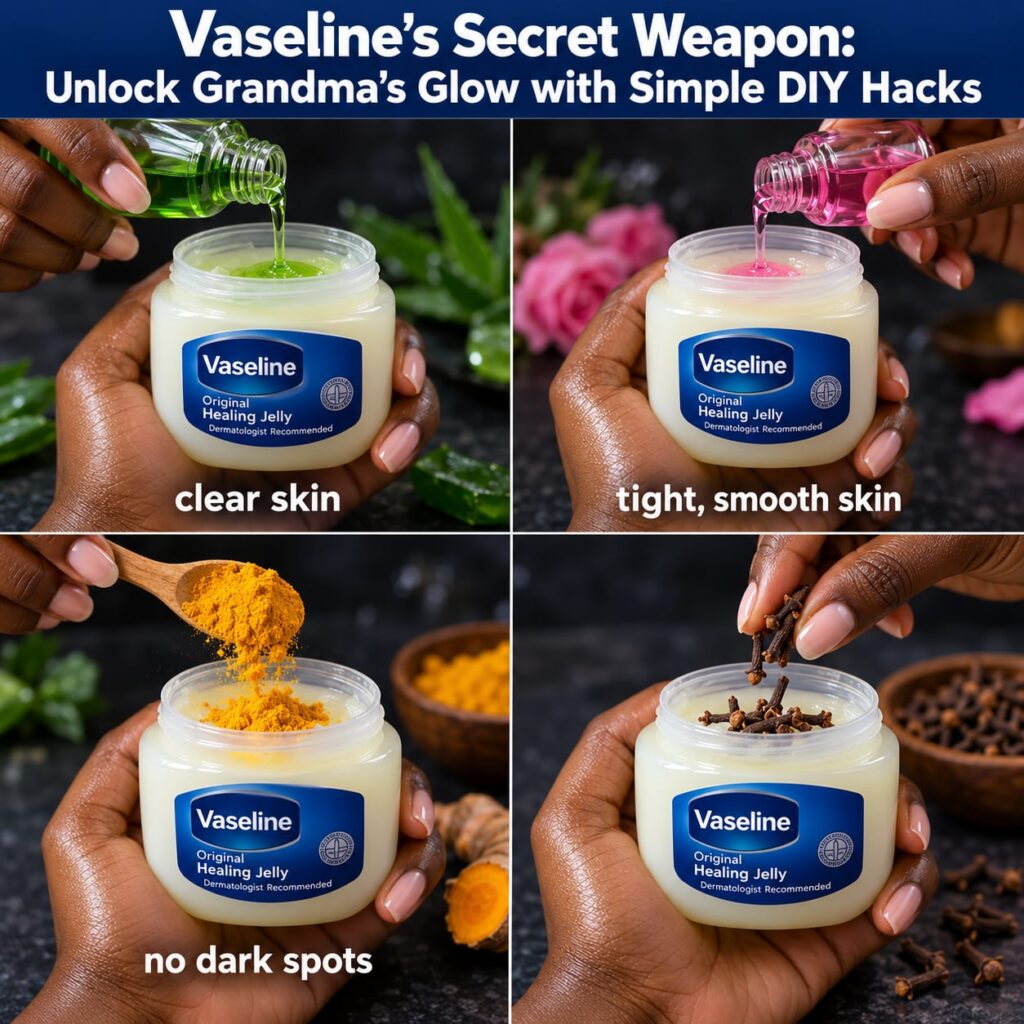 A vibrant high-definition close-up of a small iconic blue jar of Vaseline petroleum jelly surrounded by fresh natural be