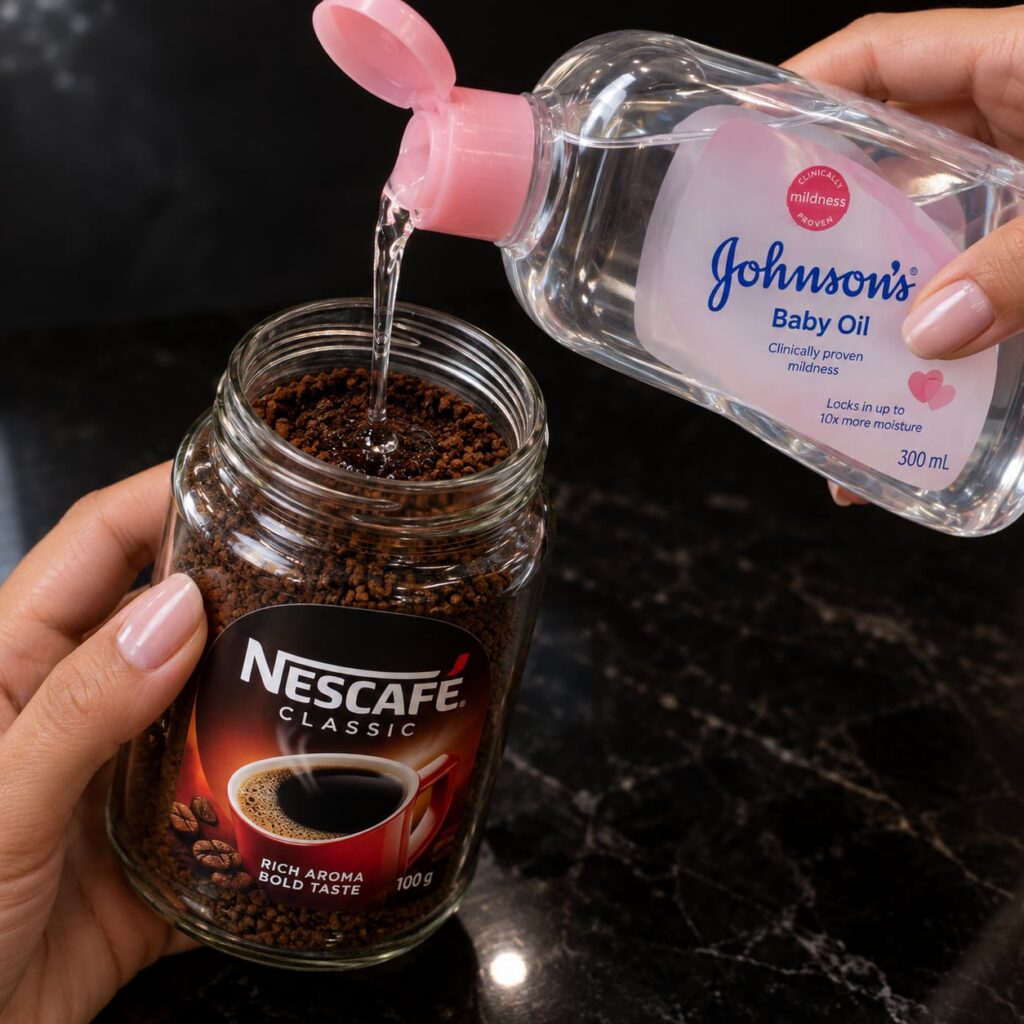 A close-up high-definition glossy and dark image of a DIY coffee scrub mixture It features Nescafe Classic coffee ground