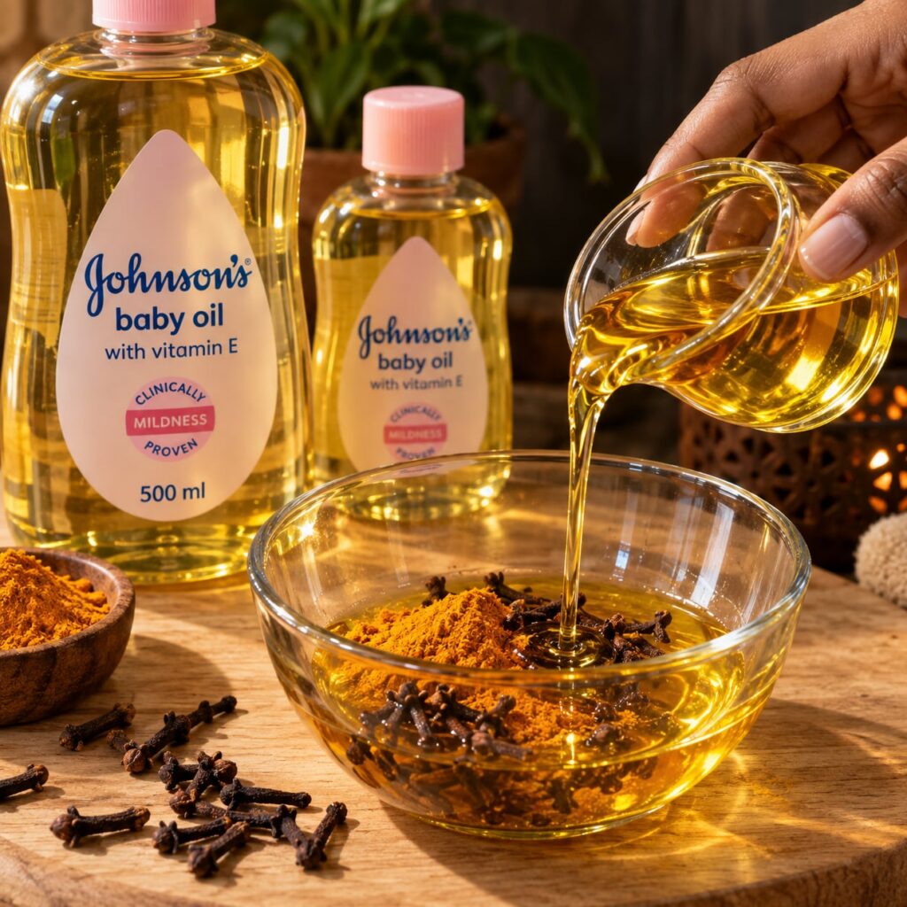 A richly lit high-definition image of a small bowl containing a golden turmeric and oil mixture with a bottle of Johnson
