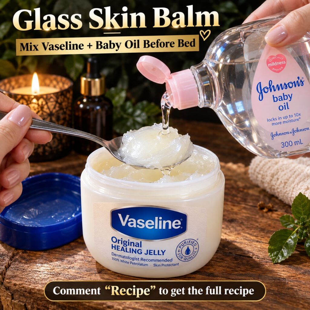 A close-up high-definition image featuring a jar of Vaseline and a bottle of Johnson s Baby Oil side-by-side on a dark s