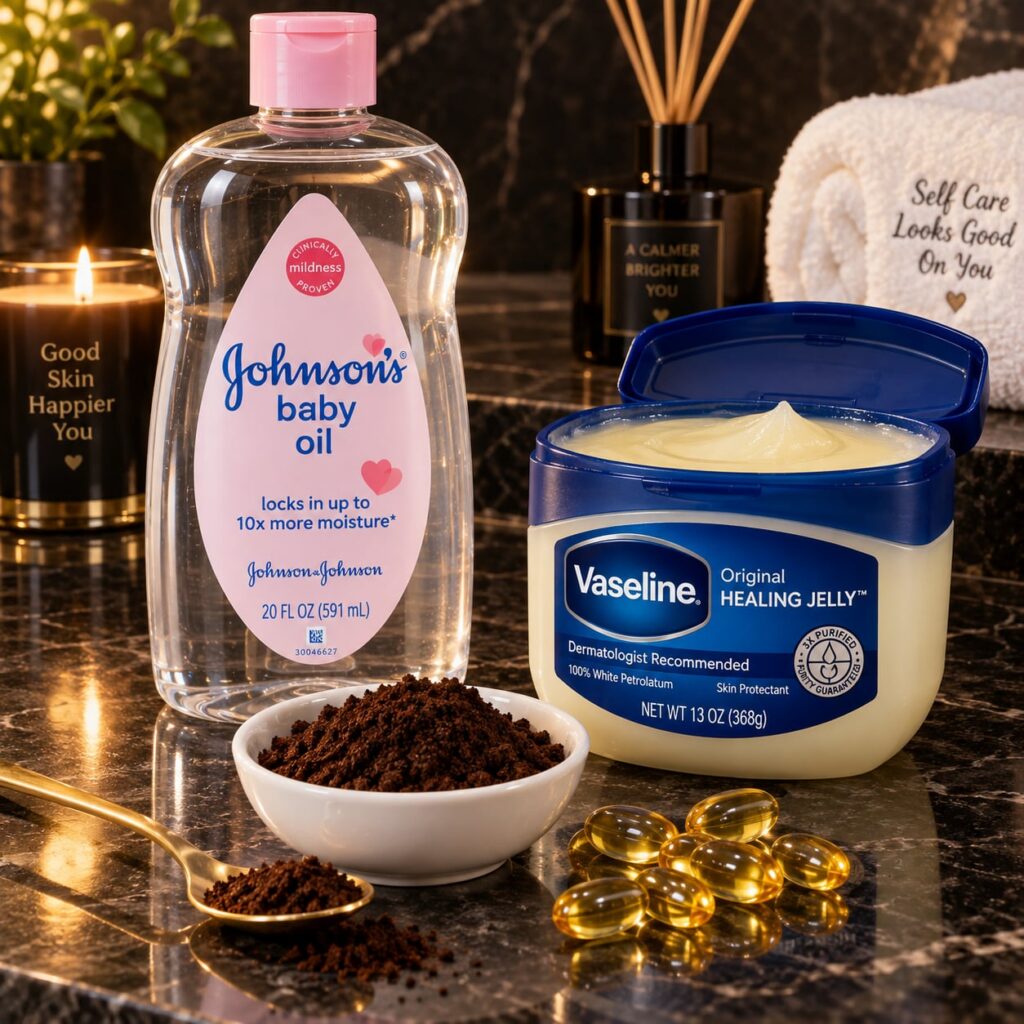 A close-up of natural beauty ingredients or a small product bottle for a DIY recipe with a dark shimmery glossy finish o