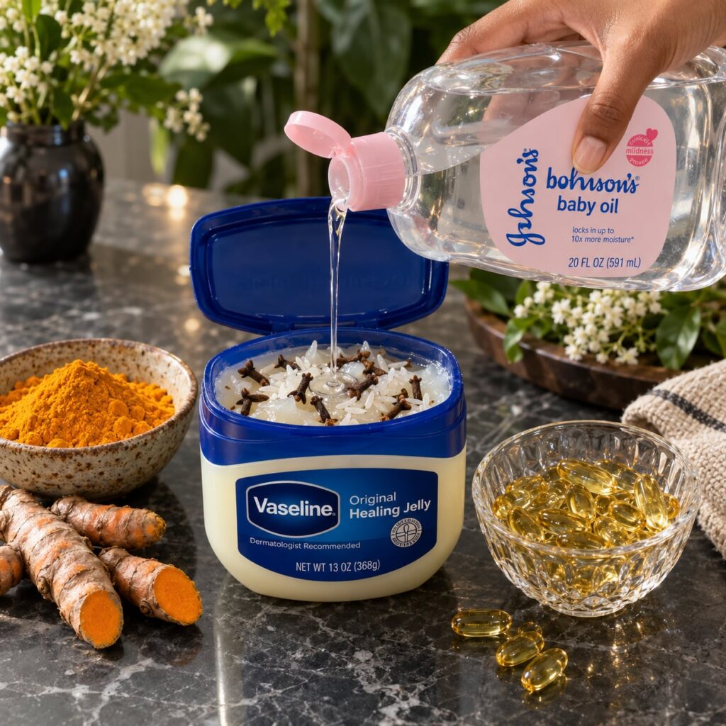 An aesthetically pleasing flat lay or arrangement of Vaseline Petroleum Jelly Johnson s Baby Oil a small bowl of white r