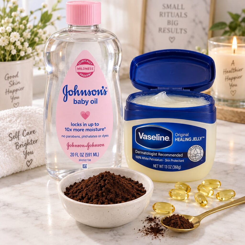 A luxurious glowing close-up of Johnson s baby oil and a jar of Vaseline subtly mixed with other natural ingredients lik