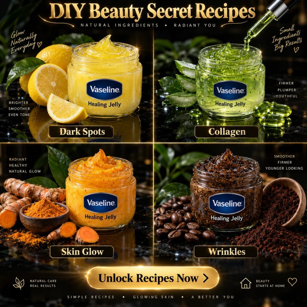 A high-definition shiny product shot of a tub of Vaseline surrounded by various natural ingredients like honey aloe vera
