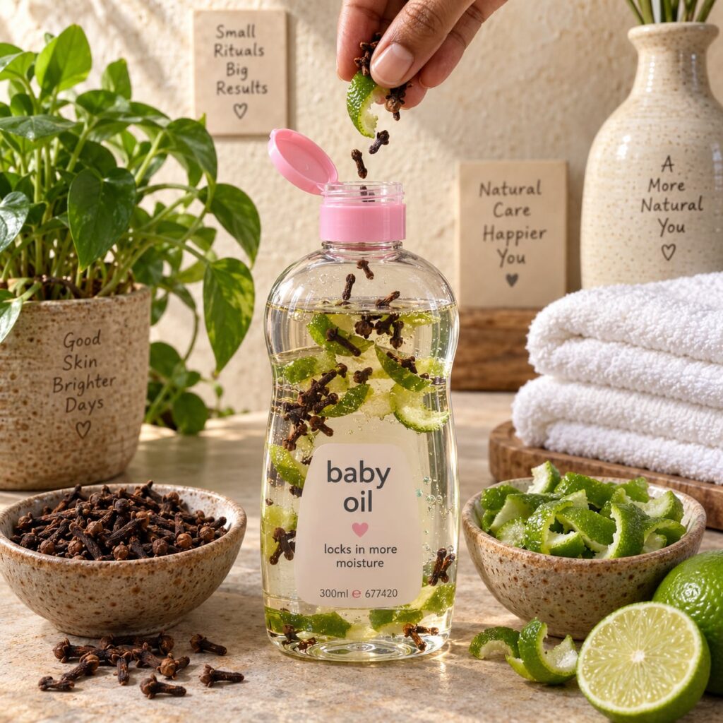 A dark glossy and HD image in 9 16 aspect ratio featuring baby oil in a clear bottle fresh green limes and whole cloves 