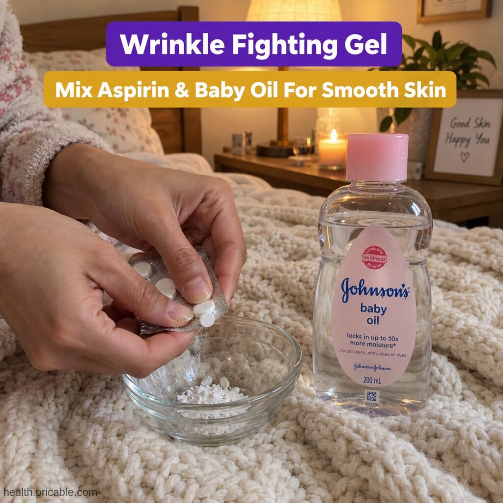 A close-up of aspirin tablets and a bottle of baby oil on a clean light surface ready to be used for a DIY beauty recipe