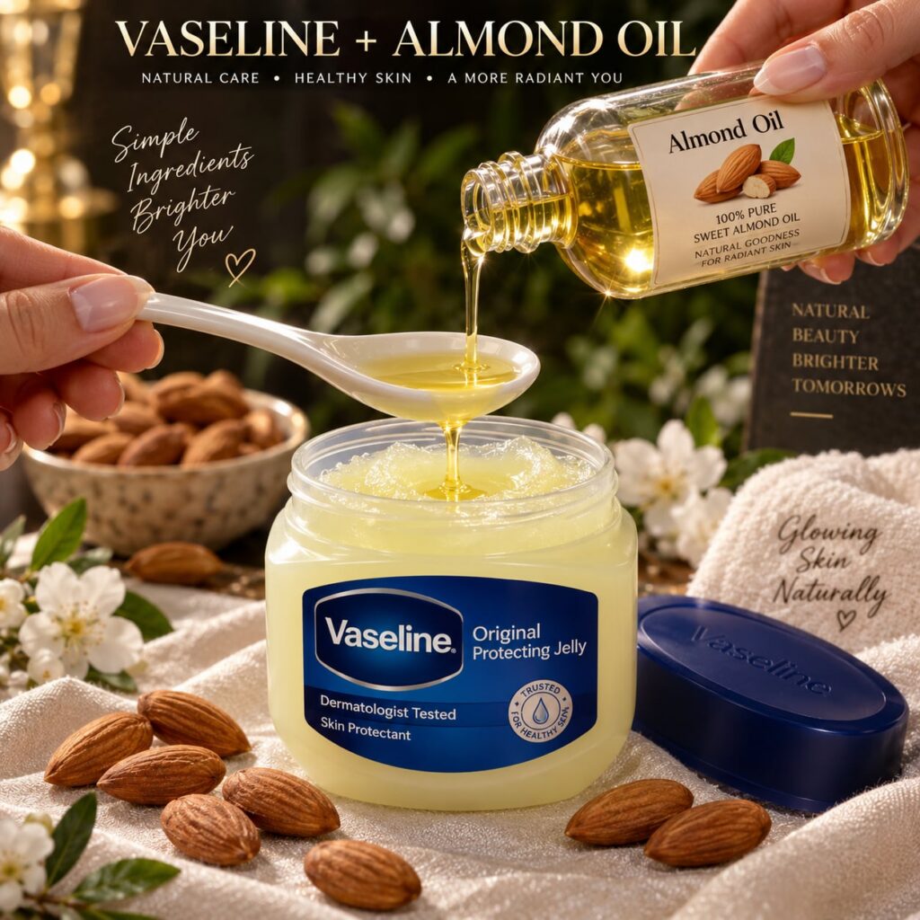 A sleek high-definition image featuring a jar of Vaseline and a bottle of almond oil on a dark glossy background The pro
