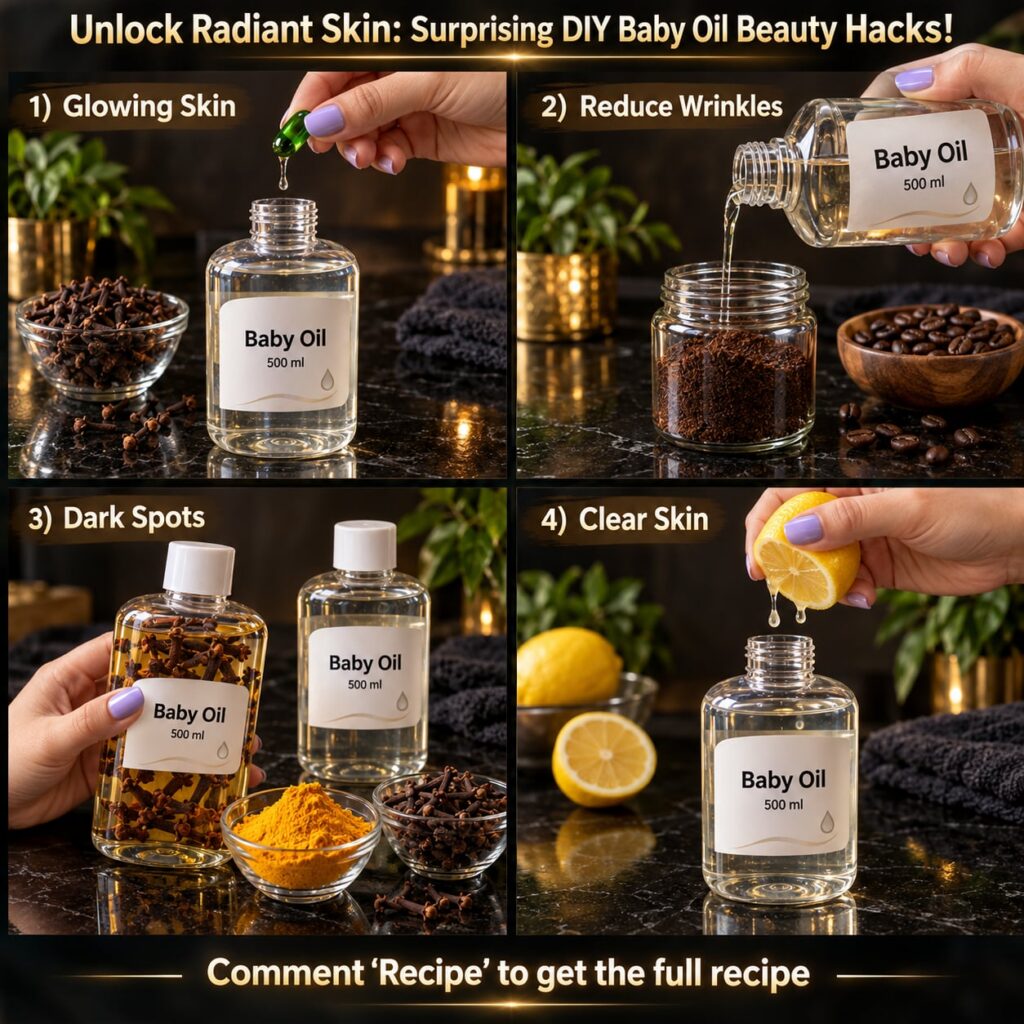 A glossy high-definition bottle of baby oil on a dark reflective surface with subtle light reflections to emphasize a gl