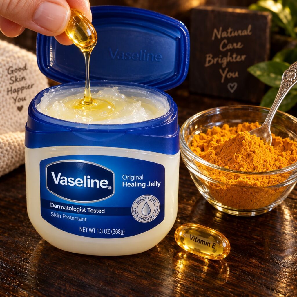 Ingredients for the Golden Glow Mask Vaseline turmeric Vitamin E displayed with a small bowl of the mixed mask