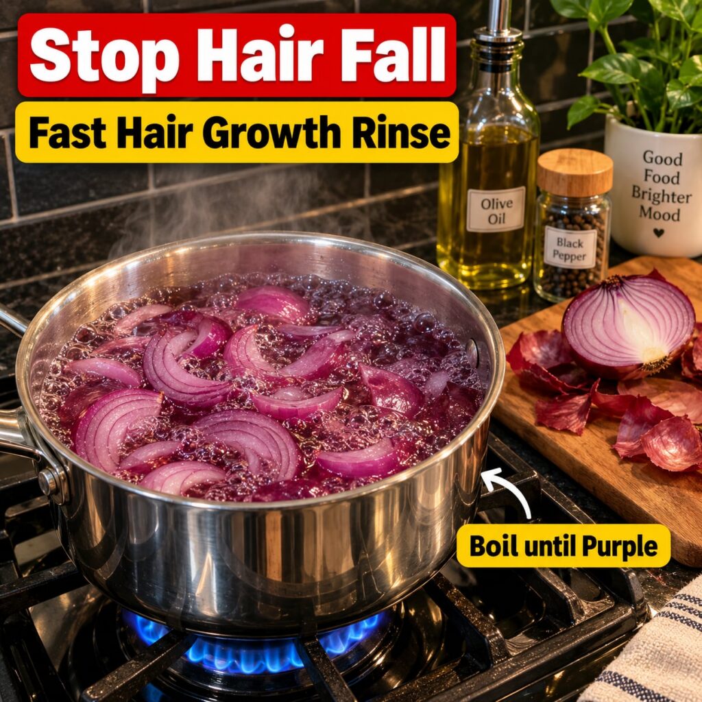A sleek natural-looking bottle of red onion hair rinse with fresh red onions and water droplets around it on a dark glos