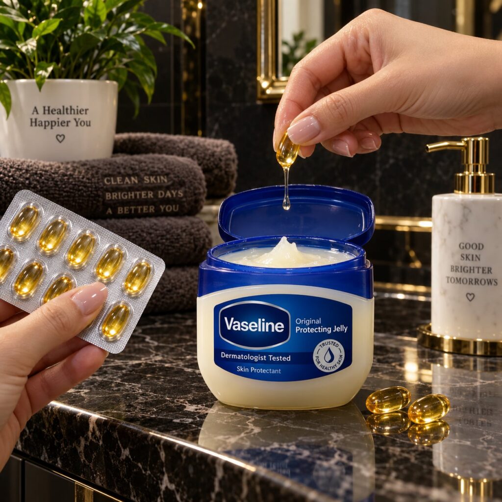 A close-up shot of a golden Vitamin E capsule and a small open jar of Vaseline arranged on a dark reflective surface wit