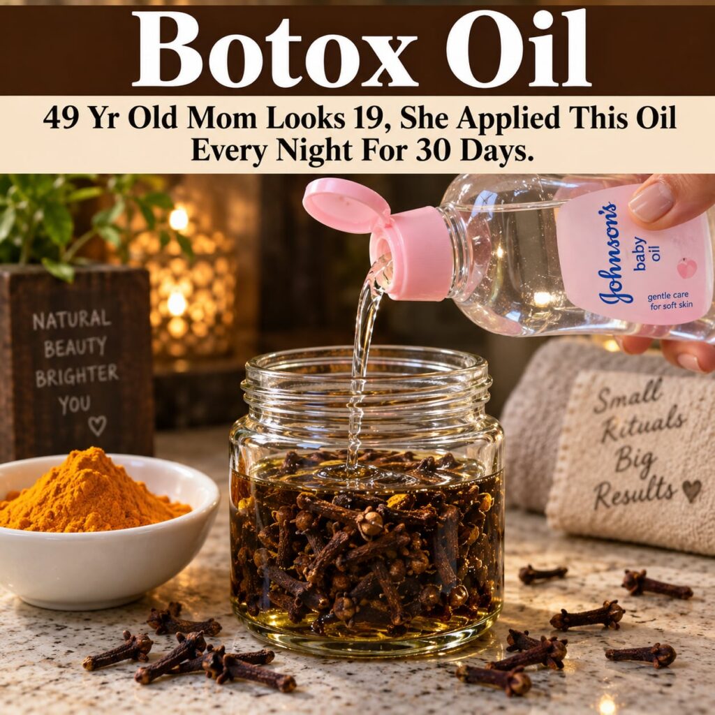 A sleek high-definition product shot of a small glass bottle filled with a golden Botox Oil with whole cloves and turmer