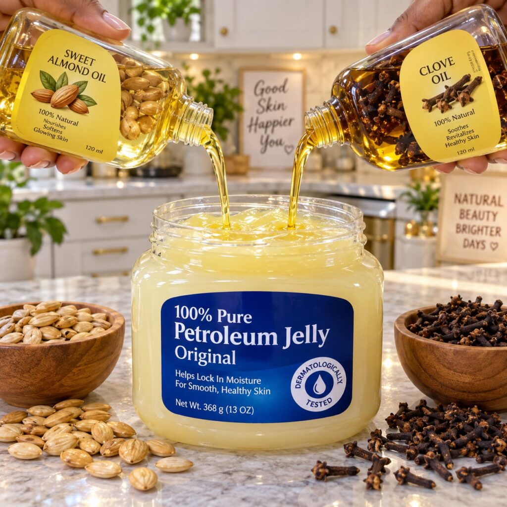 A close-up shot of a small clear jar of petroleum jelly next to a small bottle of golden natural infused oil with a few