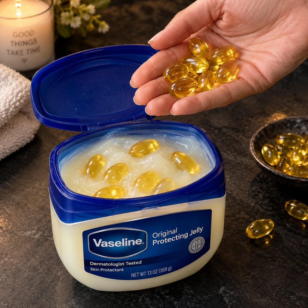 A close-up of an open jar of Vaseline with small collagen and vitamin E capsules next to it set against a dark glossy ba
