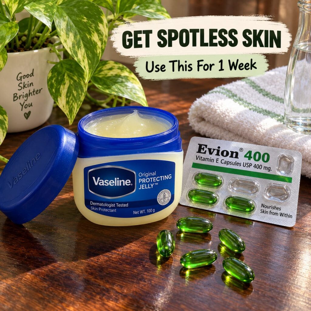 A vertical high-definition product shot of a tub of Vaseline and a small bottle or capsule of Vitamin E oil placed on a