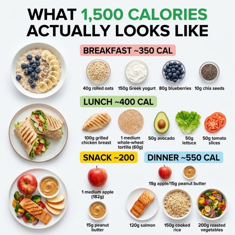A visual guide illustrating a full day s worth of 1 500 calories showing portion-controlled delicious meals for breakfas