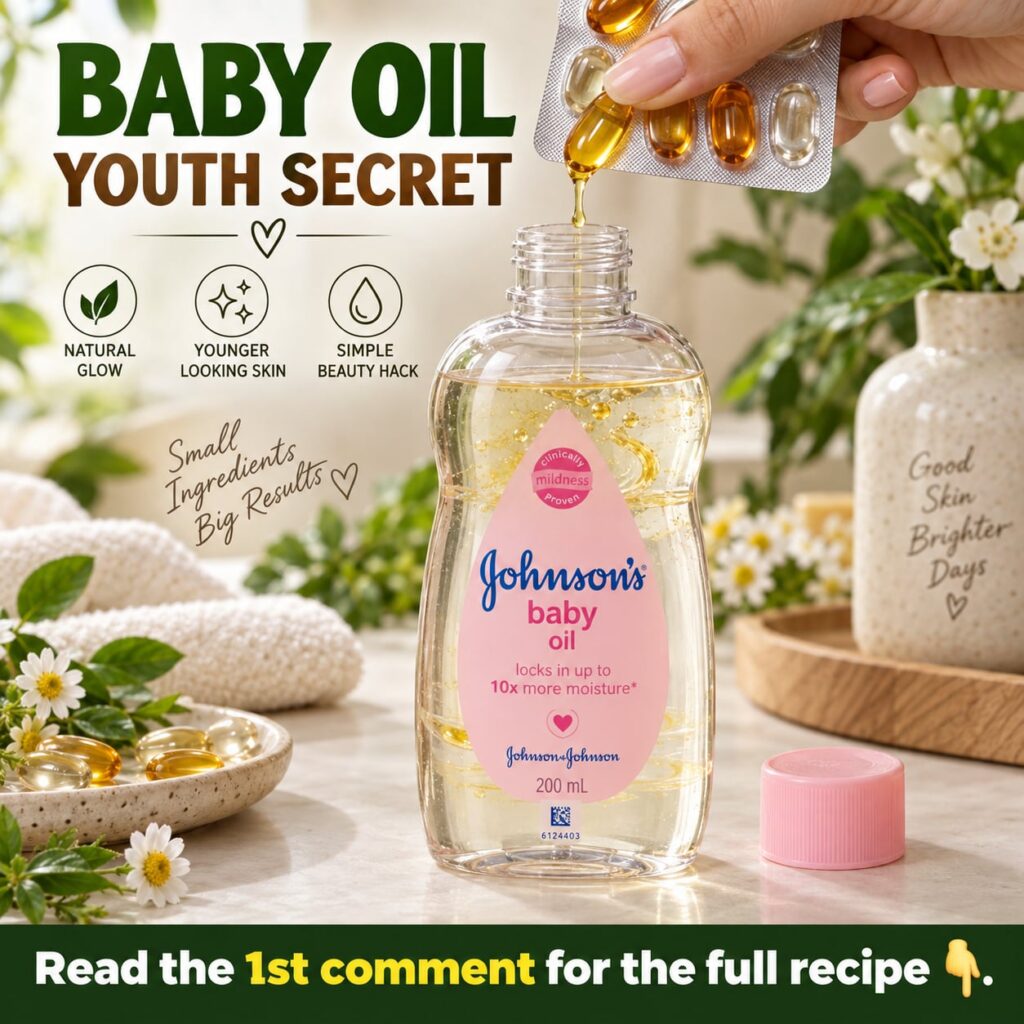 A close-up shot of baby oil in a clear bottle and several small translucent softgel capsules scattered on a smooth light