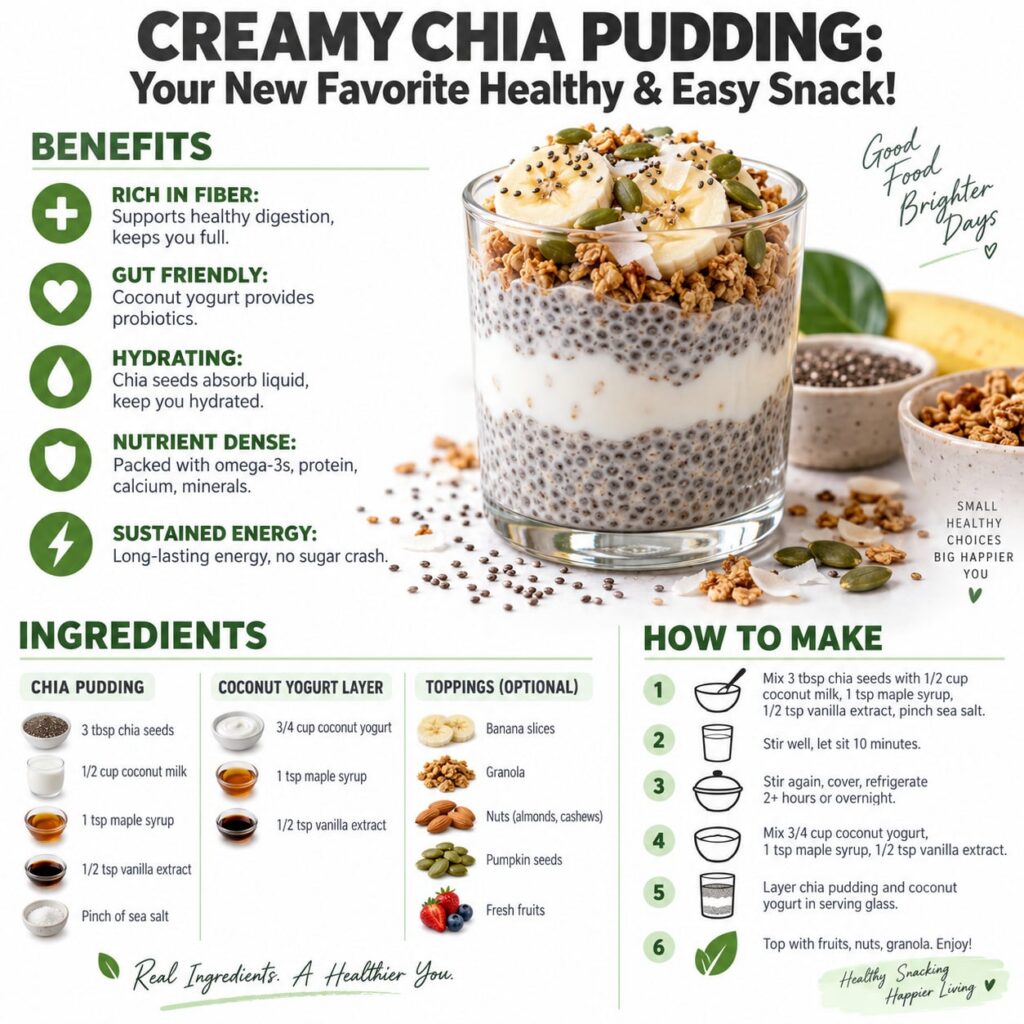 A beautiful shot of a layered creamy chia pudding with coconut yogurt fresh berries and a sprinkle of granola in a clear