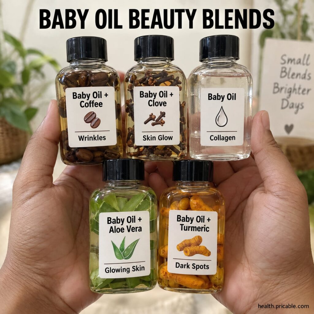 Various natural ingredients for an oil blend including coffee beans whole cloves dried aloe vera pieces turmeric powder