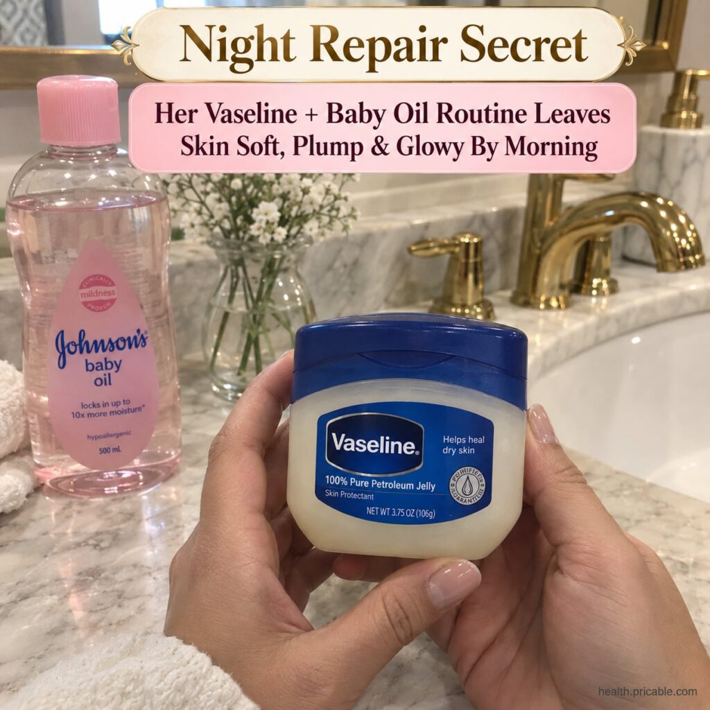 A small amount of Vaseline and a few drops of baby oil being mixed on the back of a hand with a soft glowing skin effect
