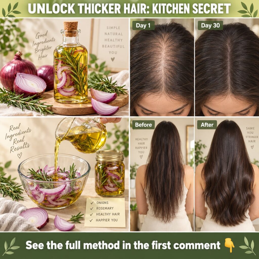 A close-up of fresh red onions and rosemary sprigs on a rustic wooden surface with a small jar of homemade hair oil in t