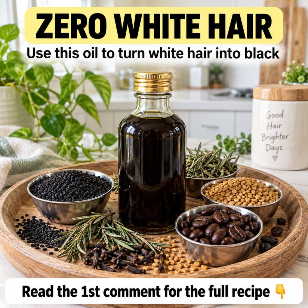 Ingredients for black oil including black seeds fenugreek seeds and a dark oil in a bowl with herbs and spices around th