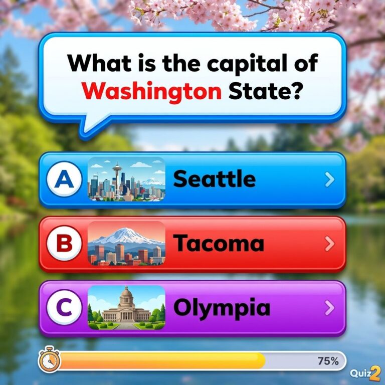 A visual representation of a multiple-choice quiz question about the capital of Washington State showing options A Seatt