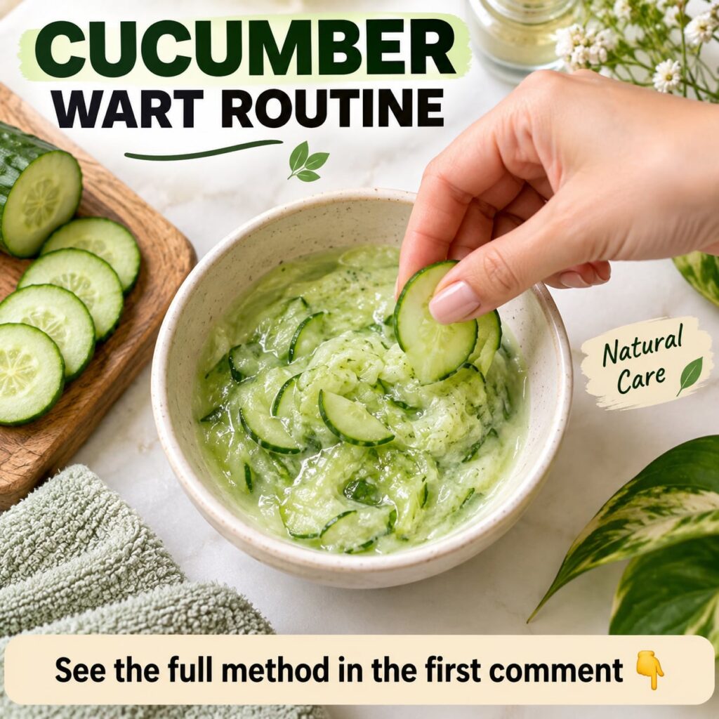 A woman looking at a small wart on her hand with a slightly concerned expression while in the background fresh cucumber