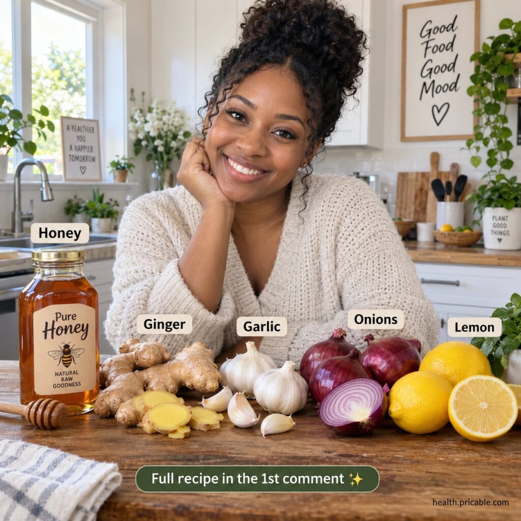 A vibrant array of fresh ingredients for the tonic including whole lemons a piece of ginger garlic cloves a small onion