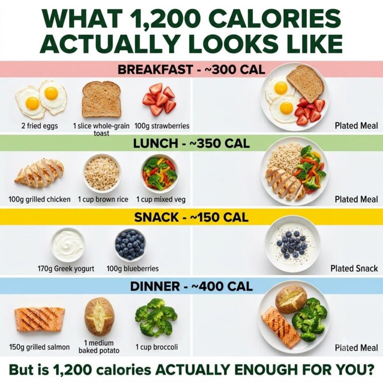 An infographic showing a visual breakdown of what 1200 calories looks like over a day with separate sections for breakfa
