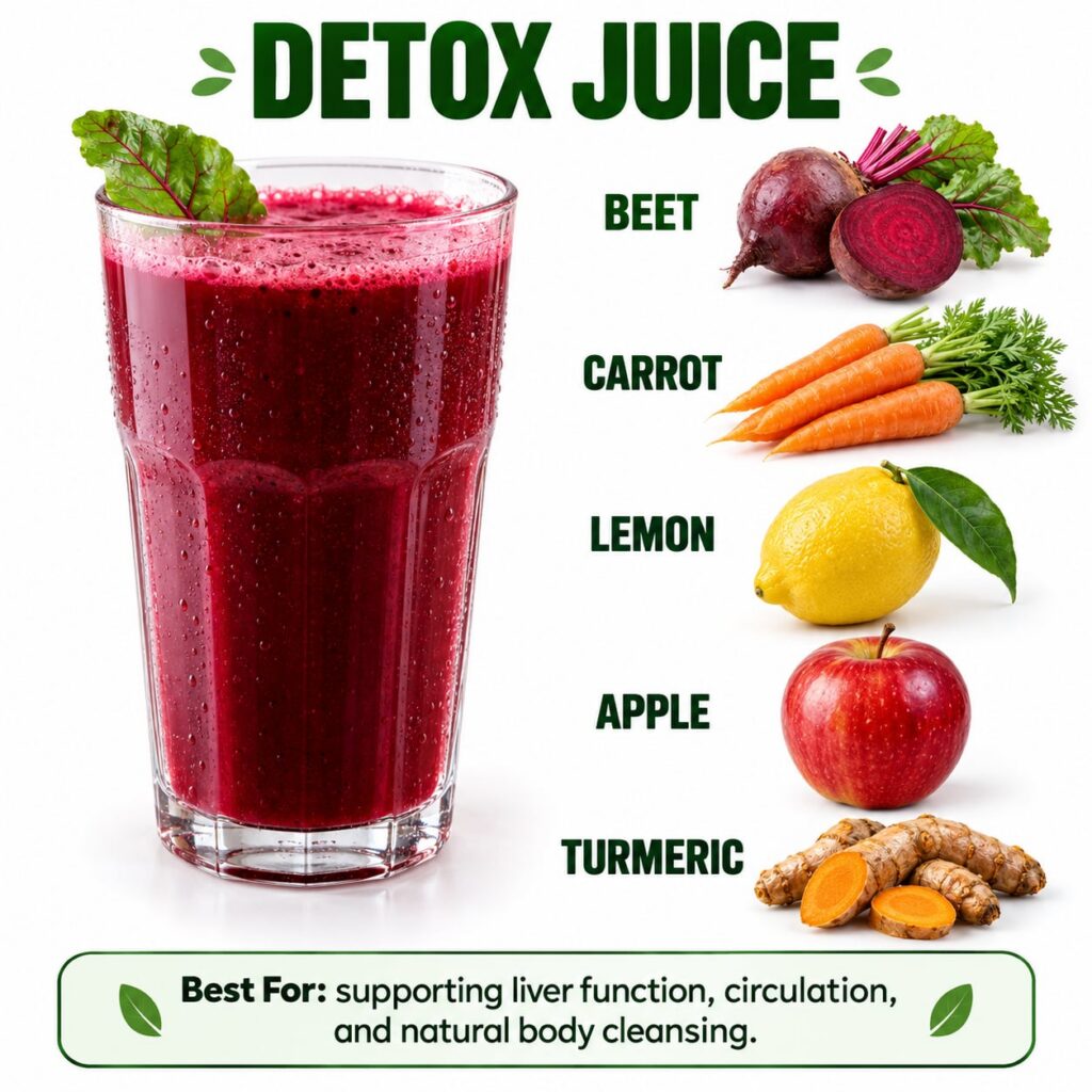 A vibrant rich red-orange beet and carrot detox juice in a clear glass with fresh beets carrots lemon apple and turmeric