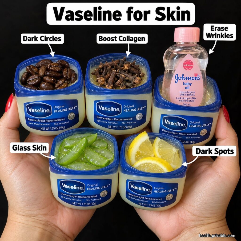 A woman gently applying a small amount of Vaseline to the under-eye area with her ring finger