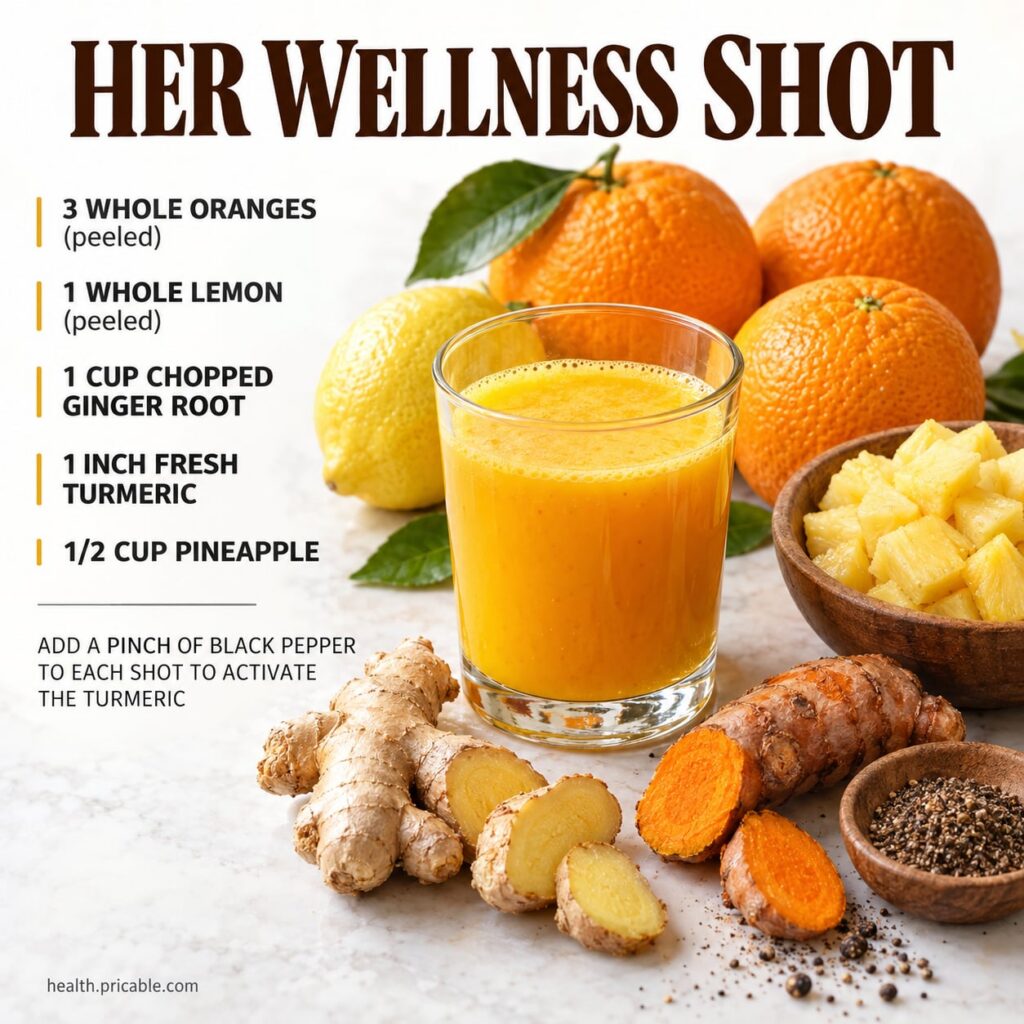 A vibrant golden-orange wellness shot in a small glass surrounded by fresh oranges lemons ginger and turmeric on a light
