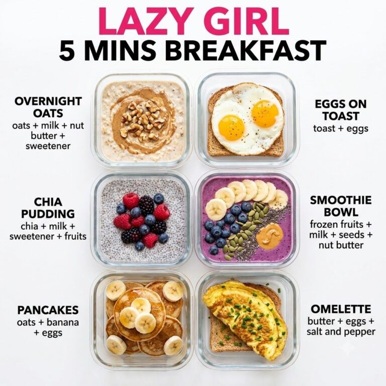 A vibrant aesthetically pleasing shot of various quick breakfast items arranged beautifully on a rustic wooden table The