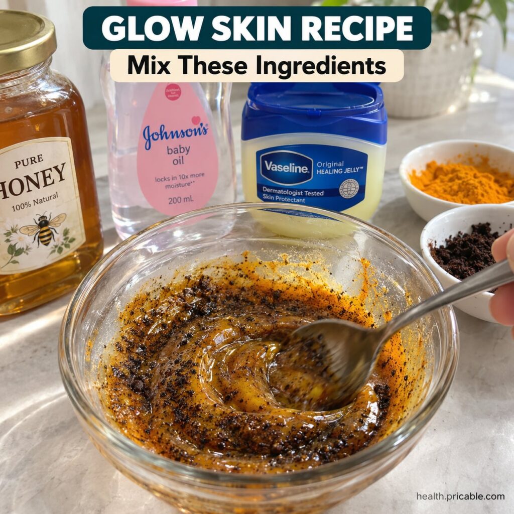 Ingredients for the Vaseline honey and turmeric mask laid out on a clean surface