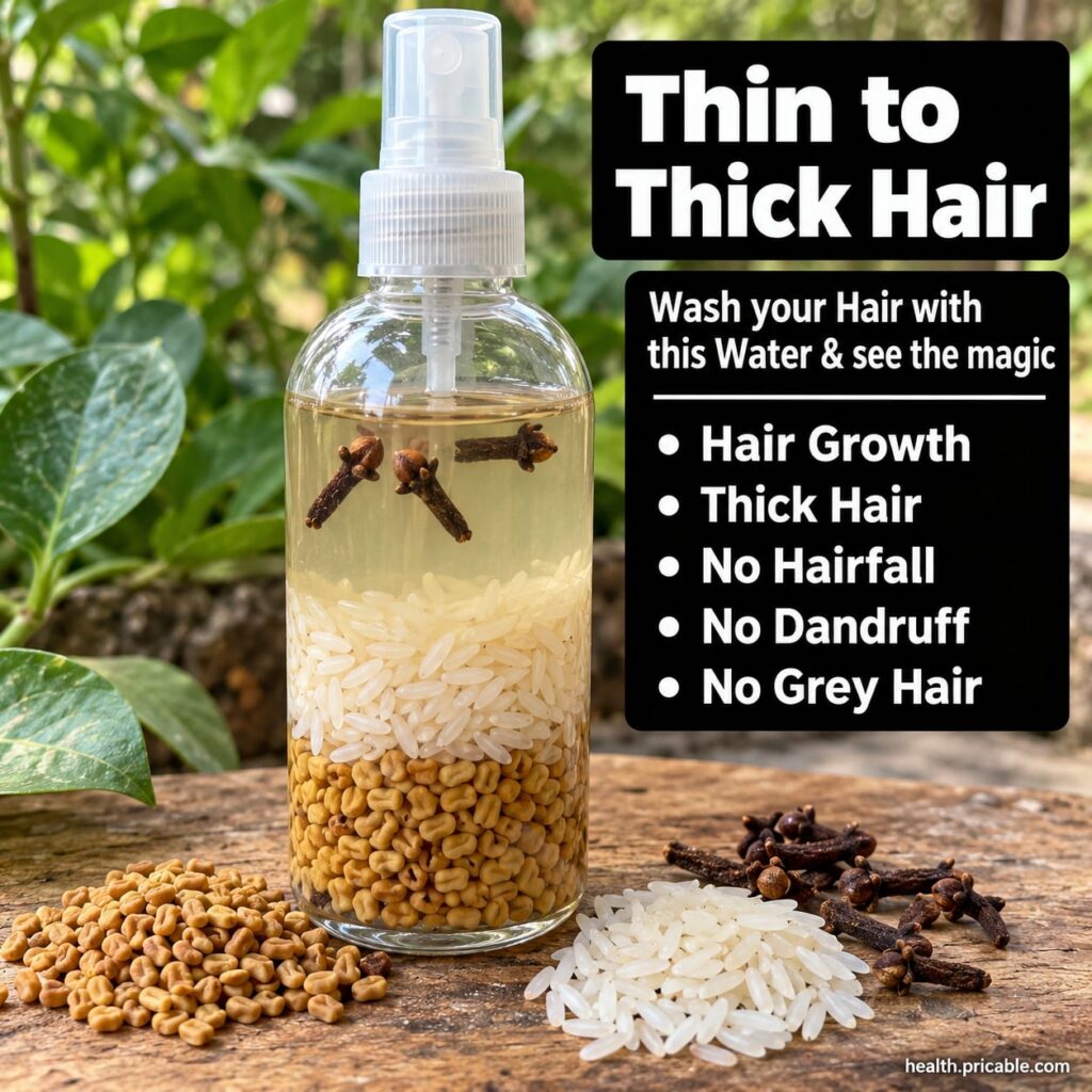 Ingredients for a hair growth rinse including fenugreek seeds uncooked rice and whole cloves displayed in small bowls on